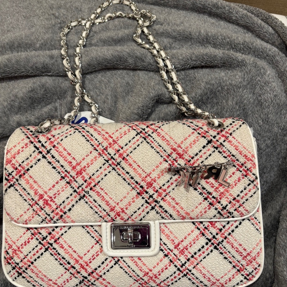 Karl Lagerfeld Agyness Pink and White Tweed Shoulder Bag